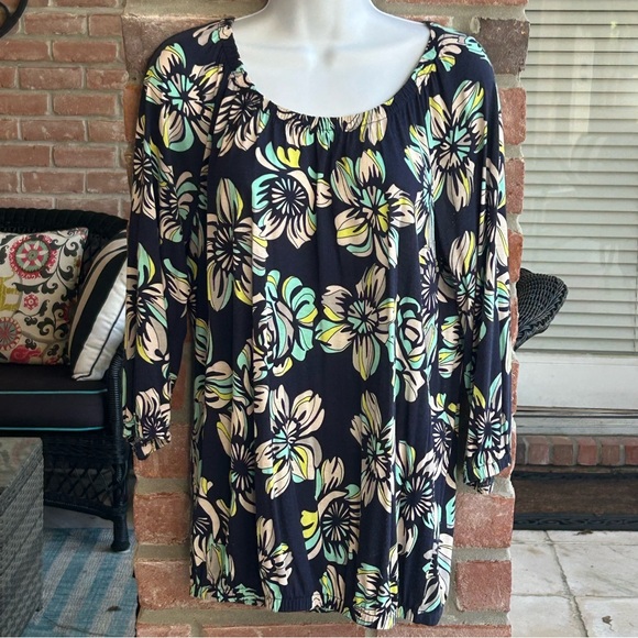 ANN TAYLOR FACTORY Navy Blue Floral Crewneck Pullover Blouson Top Medium - Picture 1 of 6